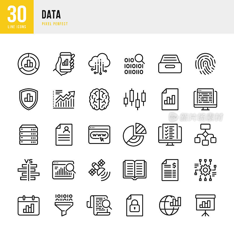 数据-细线矢量图标集。像素完美。该集合包含图标:大数据，生物特征数据，分析，图表，个人数据，云计算，存档，股票市场数据。