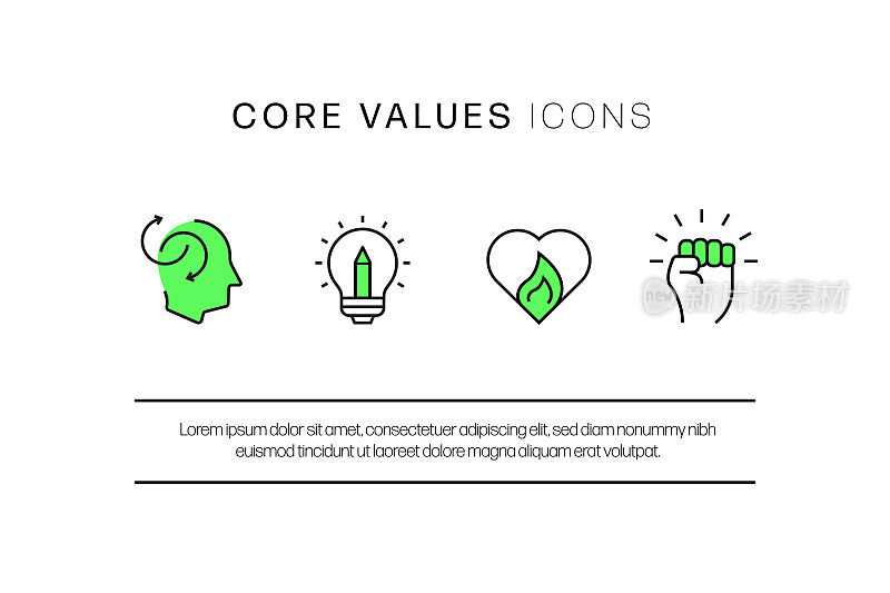 核心价值相关的平面线图标，轮廓向量符号插图。