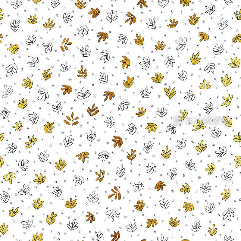 秋天的插图与小可爱的手画的铅笔树叶随意散落在白纸背景-原始艺术在矢量与微小未完成的自然物体着色和涂鸦的点和点-无缝纹理织物图案