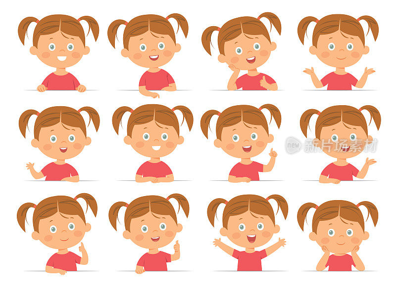 小女孩脸上的表情，一套卡通插图孤立在白色的背景上