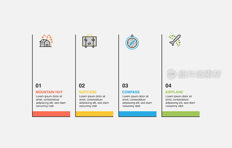 信息图设计模板。山间小屋，手提箱，指南针，飞机图标4个选项或步骤。