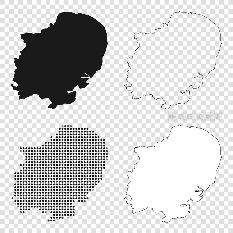 英格兰东部的地图设计-黑色，轮廓，马赛克和白色