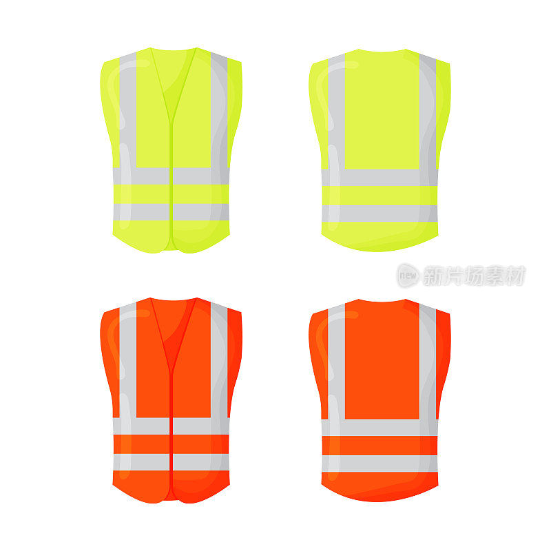 橙色反光安全背心为人们隔离矢量正面和背面的推广在白色的背景。矢量图