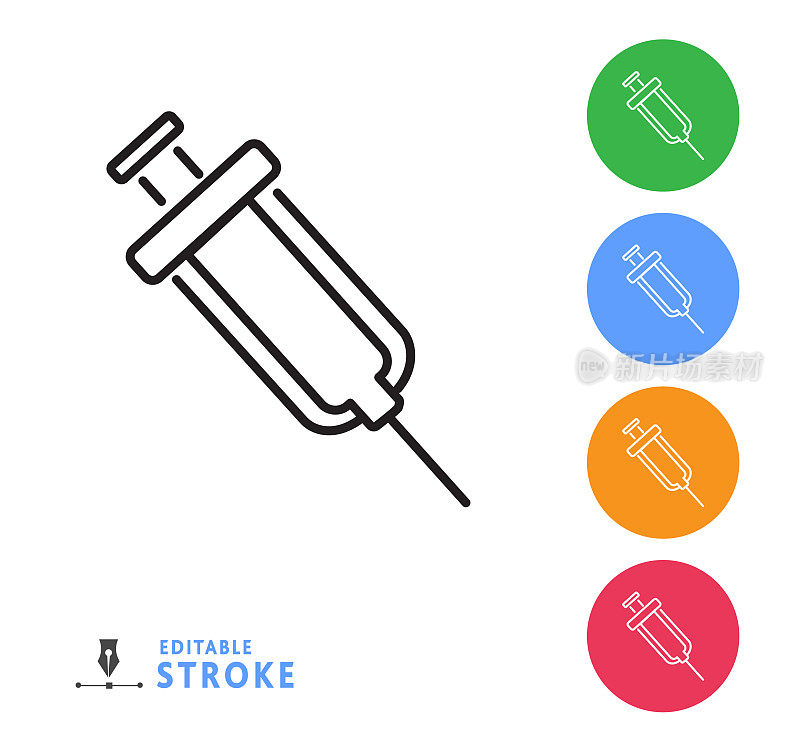 Covid-19流感病毒疫苗注射器细线图标-可编辑中风