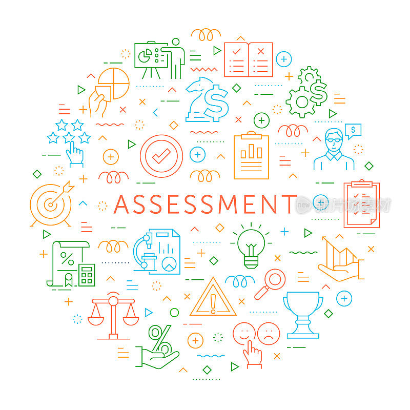 评估的设计要素。带有轮廓图标的图案设计。色彩斑斓的矢量图