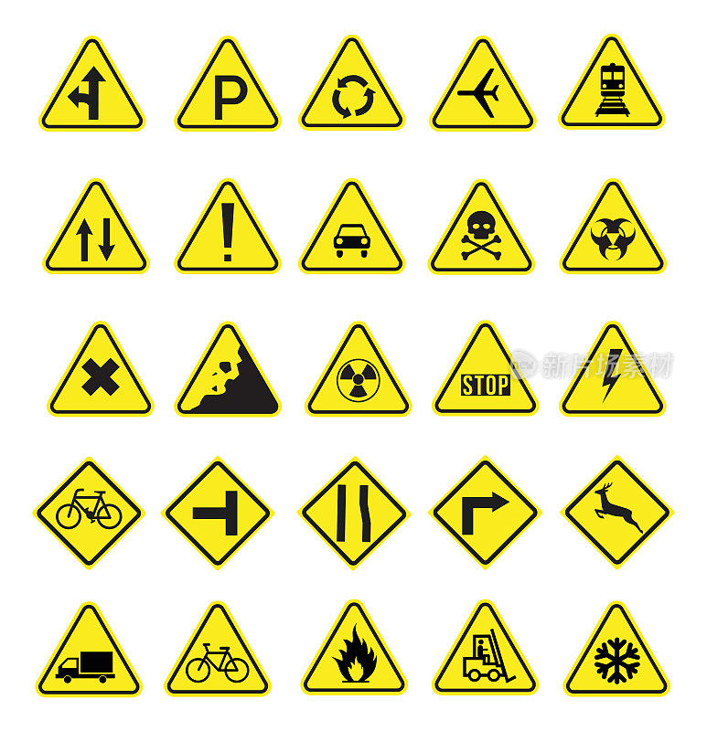 交通道路黄色标志和危险警示标志设置标签。监管，警告，高速公路限速，限制区域标志和引导字符标志矢量插图收集图形和网页设计。