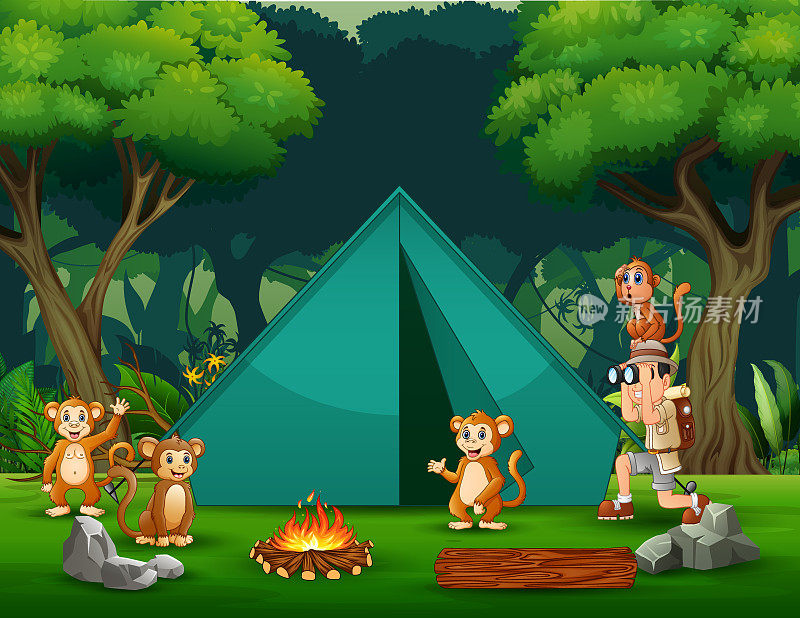 男孩探险家与一些猴子在营地插图