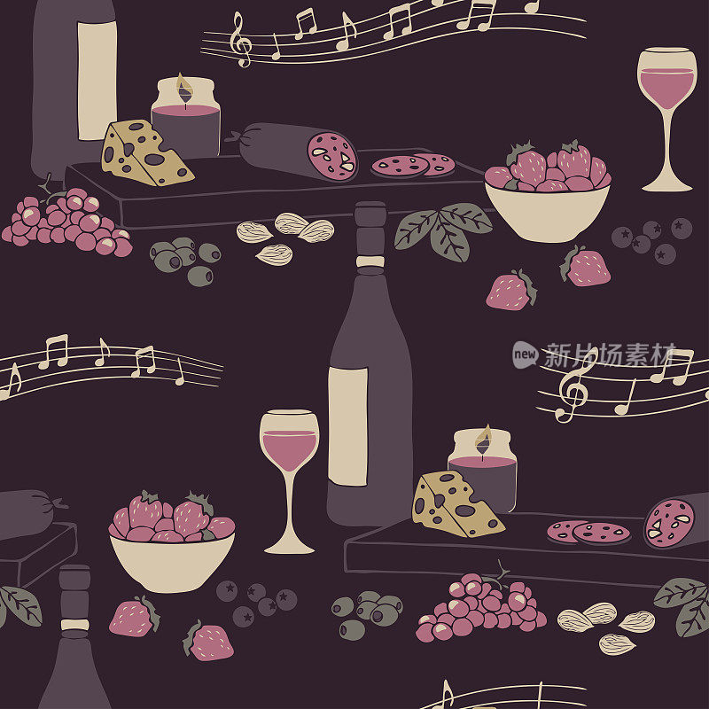 无缝矢量模式与食物和饮料在紫色的背景。装饰厨房派对墙纸设计。好酒，时装，纺织品。