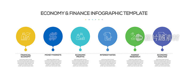 经济和金融相关流程信息图表模板。过程时间图。带有线性图标的工作流布局