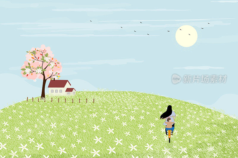 春天的风景，阳光明媚的日子，母子骑着自行车在绿色的田野里;夏天的风景，蓝天白云，一家人在乡村郊游。春季或夏季的卡通矢量