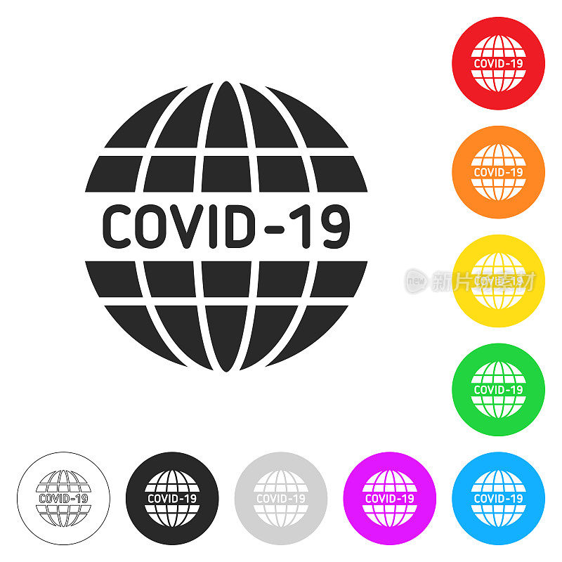 全球Covid-19大流行。按钮上不同颜色的平面图标