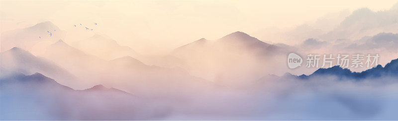 雾气缭绕的群山，缓缓的斜坡，朝阳天空中鸟群。传统东方水墨画梅花、梅花、梅花。