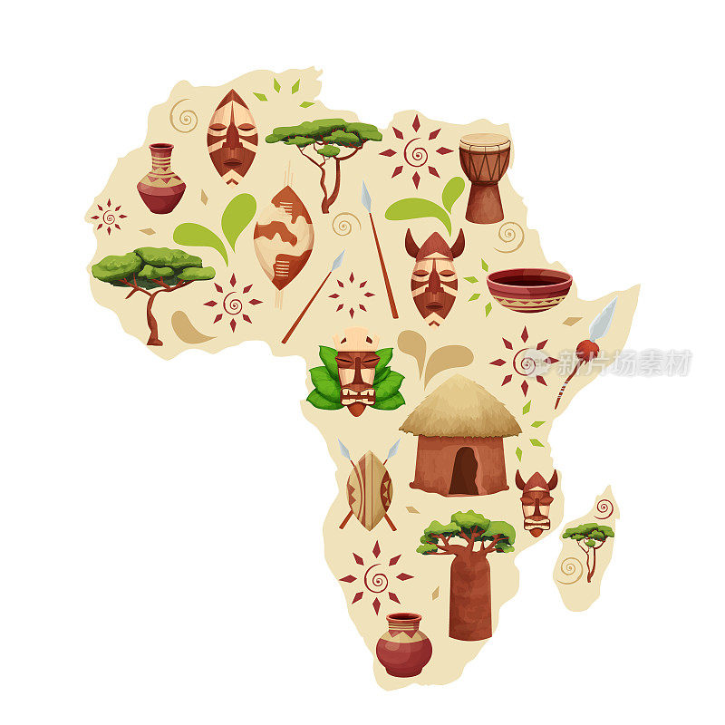 非洲地图剪影与民族元素卡通风格。盾牌上的部落装饰品，面具，自然物品猴面包树，大草原金合欢。