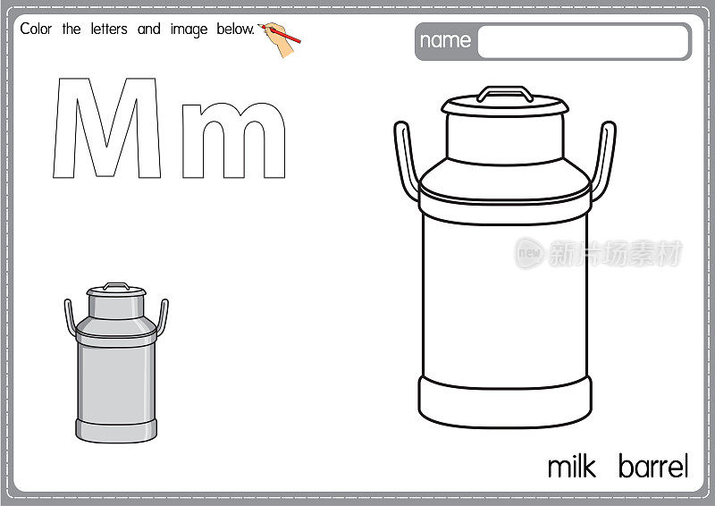 矢量插图的孩子字母表着色书页与轮廓剪贴画的颜色。字母M代表牛奶桶。