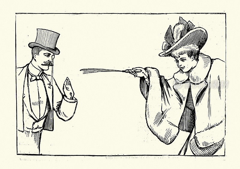 19世纪90年代,维多利亚时代,一个女人用香水喷向一个男人的脸