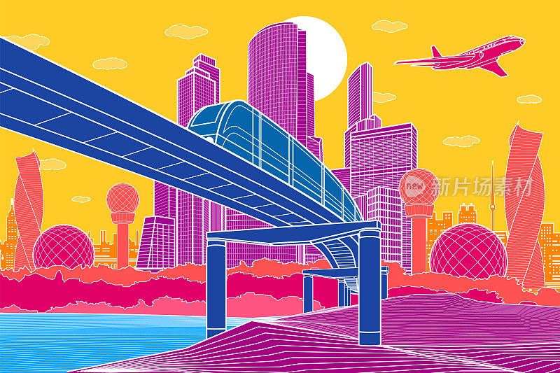 彩色基础设施城镇插图。火车在桥上行驶。现代城市以色彩为背景，高楼大厦、商务大厦、飞机在飞翔。矢量设计艺术
