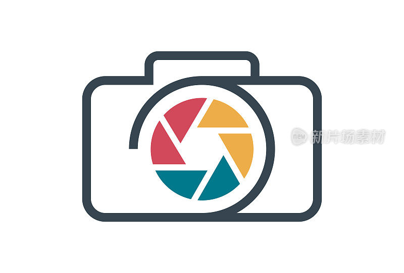 专业摄影相机标志符号设计。矢量标志模板。一种现代象征彩色相机的多媒体光圈图像拍摄。肖像自然建筑和婚礼摄影师标志。EPS10