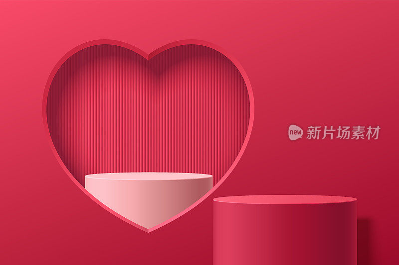 逼真的红色3D圆柱站在讲台与白色讲台在心脏形状的窗口。情人节最小场景用于产品展示、促销展示。矢量抽象工作室工作室平台设计。