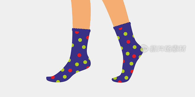 袜子，及膝袜，长袜。女人，女，女生的脚，腿上穿着鲜艳的彩色印花，鞋。