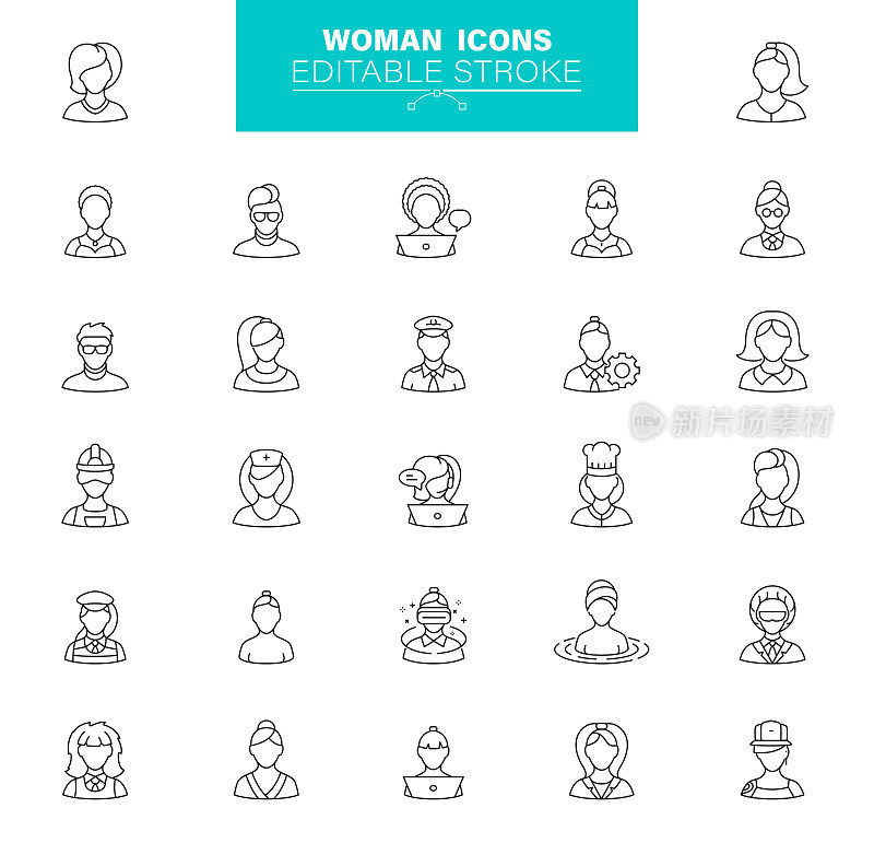 女人图标可编辑的中风。包含用户、商业女性、头像、人物等图标