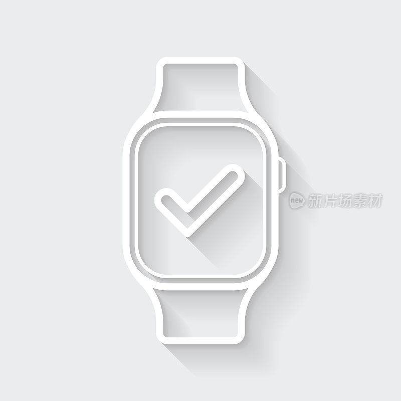 带有复选标记的智能手表。图标与空白背景上的长阴影-平面设计