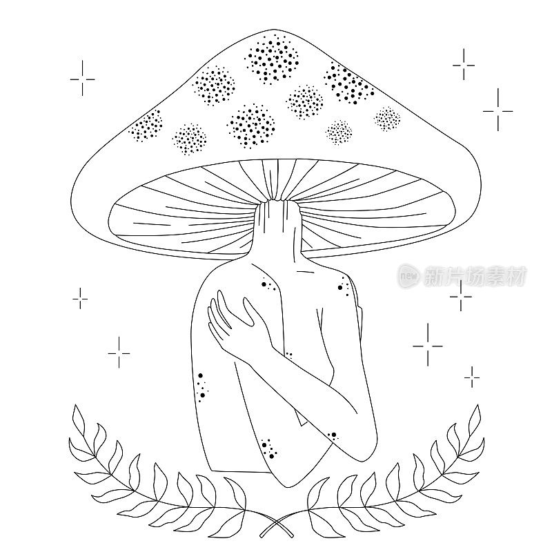 神奇的蘑菇头女孩。迷幻幻觉。充满活力的矢量图。70年代的嬉皮士纹身艺术。