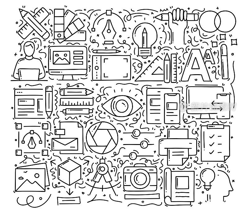 平面设计相关的对象和元素。手绘矢量涂鸦插图集合。手绘图案设计