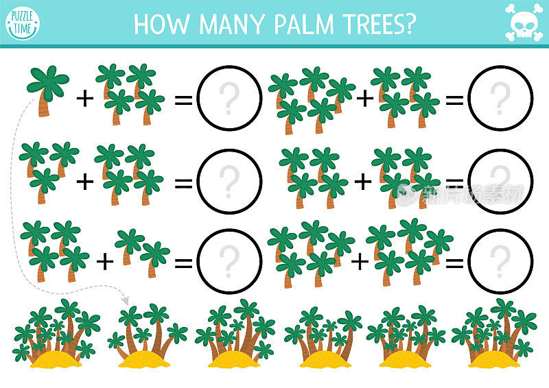 游戏中有多少棕榈树。热带岛屿学龄前儿童数学加法活动。简单的夏季打印计数工作表与丛林绿化的孩子