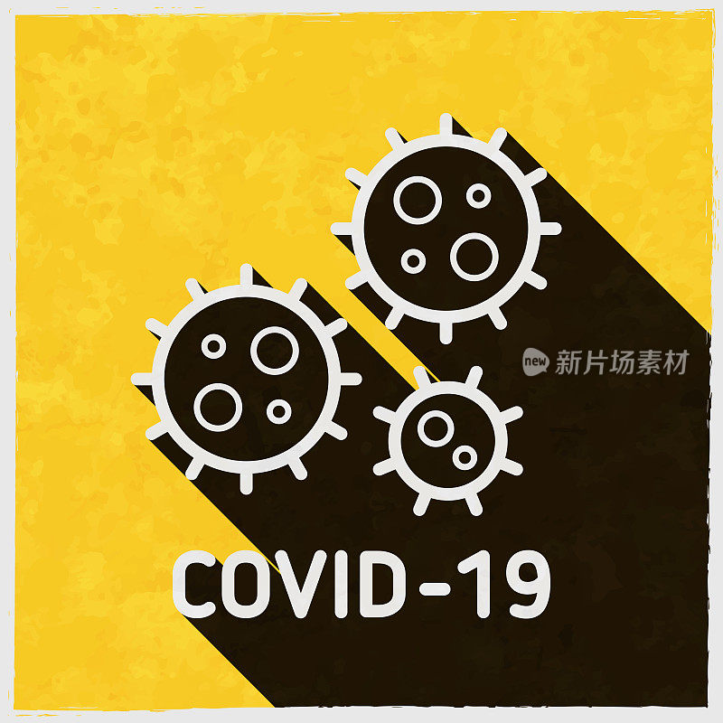 COVID-19细胞。图标与长阴影的纹理黄色背景