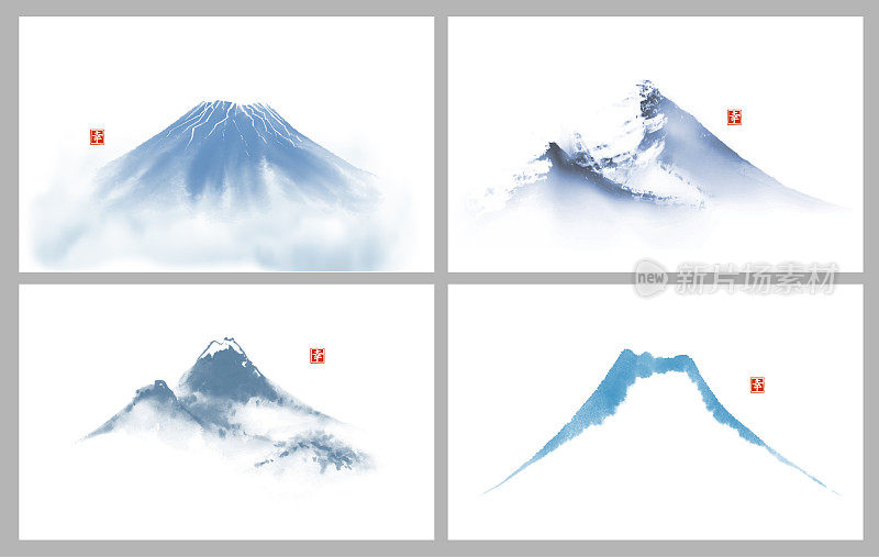 套蓝山手绘水墨，以日本传统水墨画sumi-e风格。象形文字——幸福