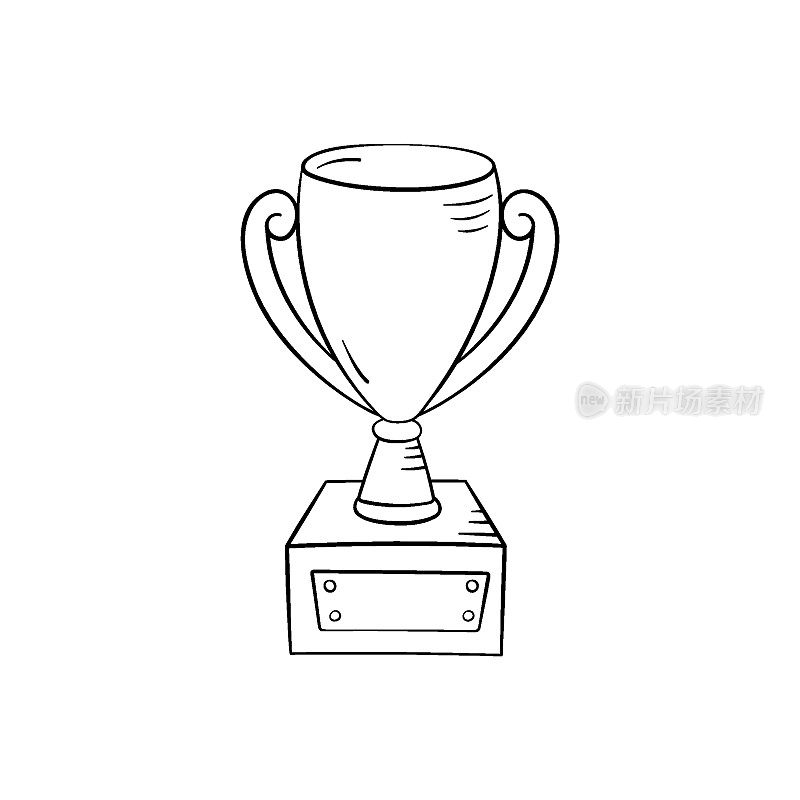 赢家杯涂鸦风格，矢量插图。体育比赛第一名奖。金杯颁发给比赛的获胜者。孤立的元素在白色背景。奖品图形图标