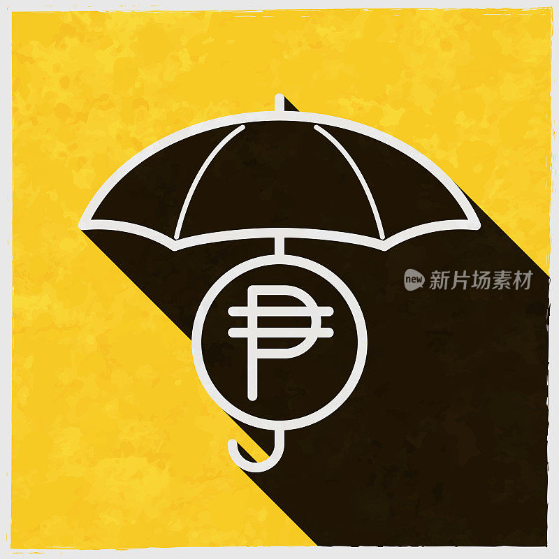 伞下的比索硬币。图标与长阴影的纹理黄色背景