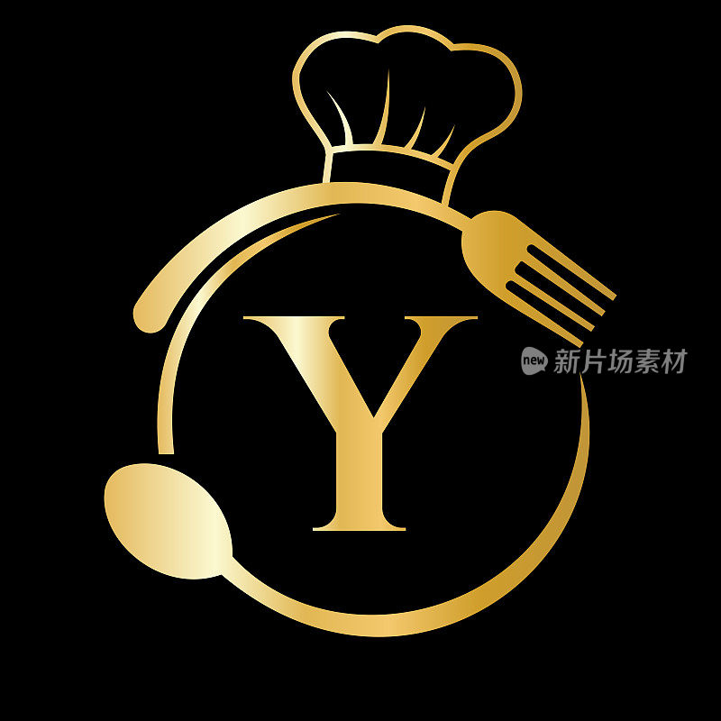 餐厅Logo上的字母Y概念。厨师帽，勺子和叉子餐厅标志