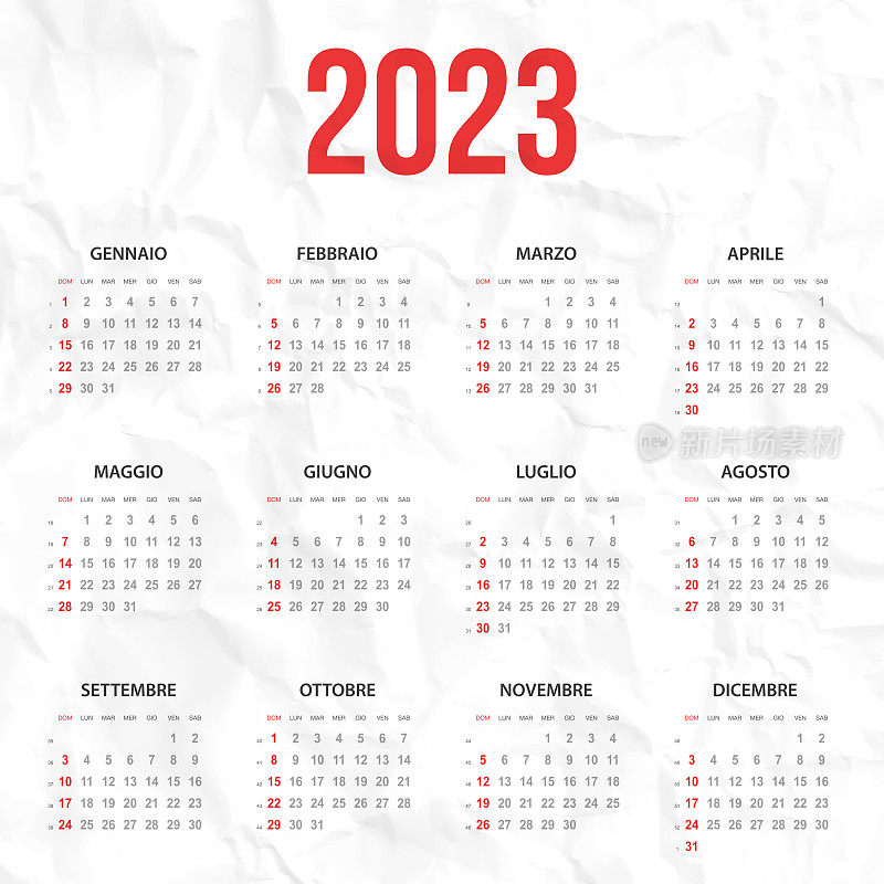 白色褶皱背景的2023年意大利日历