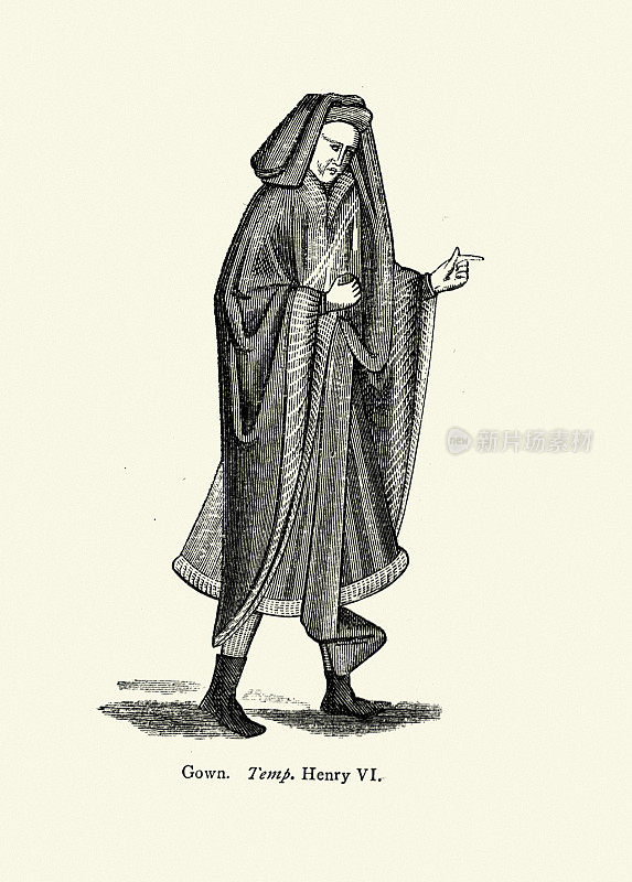 复古插画，中世纪男士时装，长袍，亨利六世国王15世纪