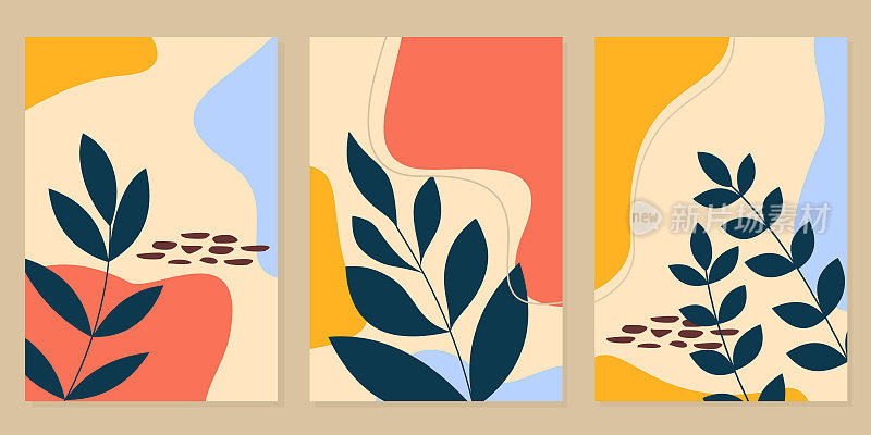 波西米亚美学抽象植物墙艺术海报版画。斯堪的纳维亚设计。波西米亚拼贴墙版画。中世纪现代设计。矢量图