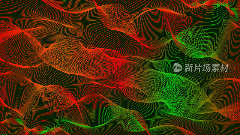 抽象霓虹灯彩色红绿色漩涡线在黑暗的背景。漏洞百出的数字背景。故障的艺术。充满活力的旗帜。模板。墙纸。网络空间。非功能性测试卡。封面设计。屏幕上。薄的螺旋波。