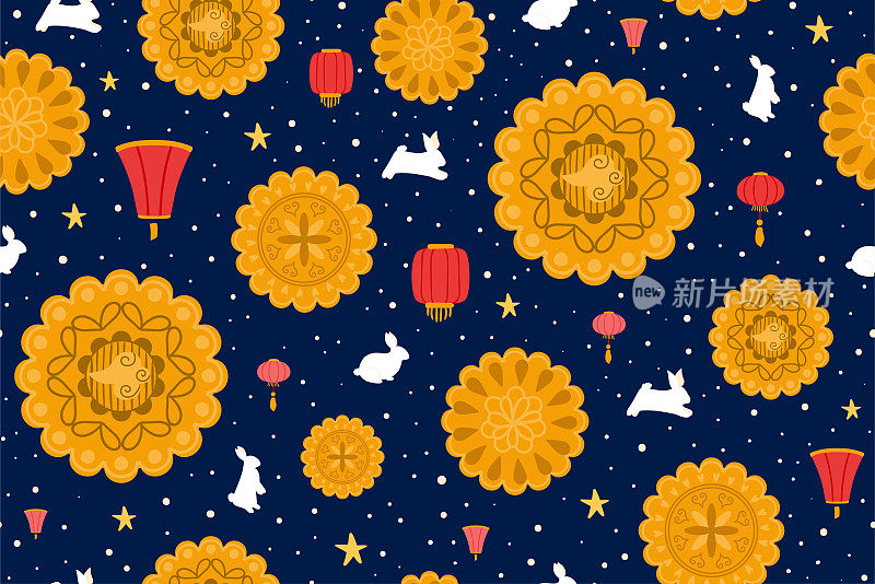 中秋无缝图案。中秋节背景。月饼，兔子，中国灯笼矢量打印