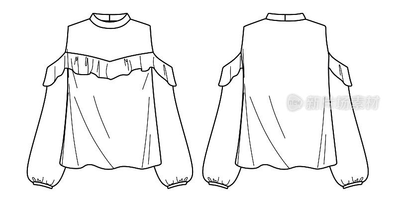 矢量长袖衬衫时装CAD，女人高领喇叭上衣与褶边细节技术图纸，模板，平面，草图。针织或梭织上衣，有正反两面，白色