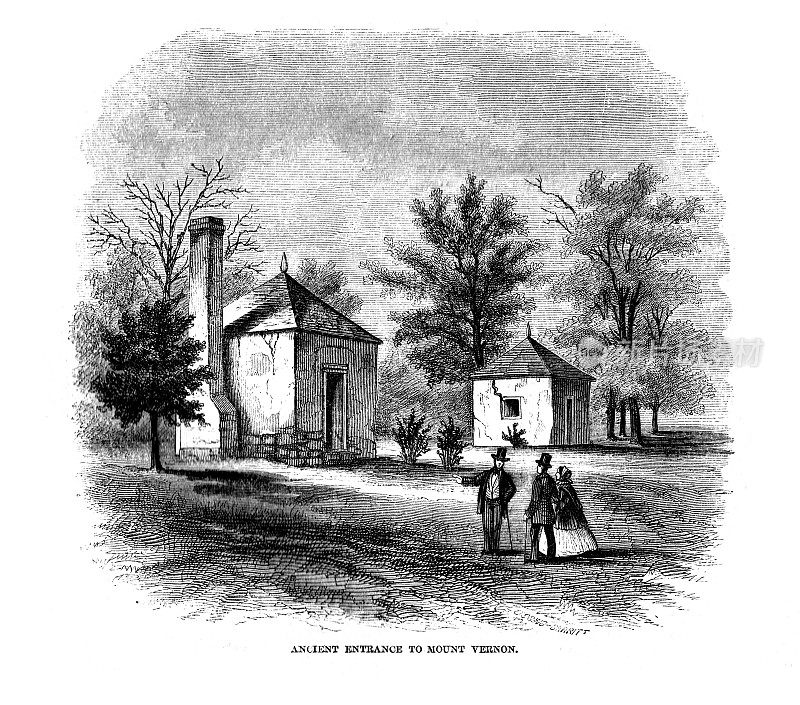 古老的庄园入口;乔治·华盛顿1858年前弗农山庄园的草图;哈珀斯新月刊1858年
