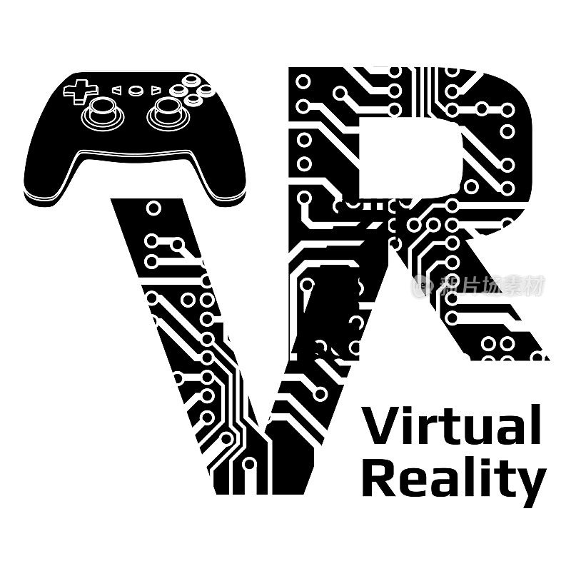虚拟现实的缩写VR剪影字母穿孔与PCB电路板轨道和游戏手柄操纵杆隔离在白色背景。