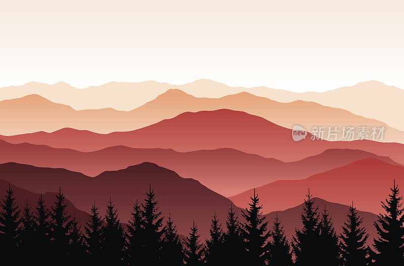 矢量自然景观与红色的山脉和森林剪影