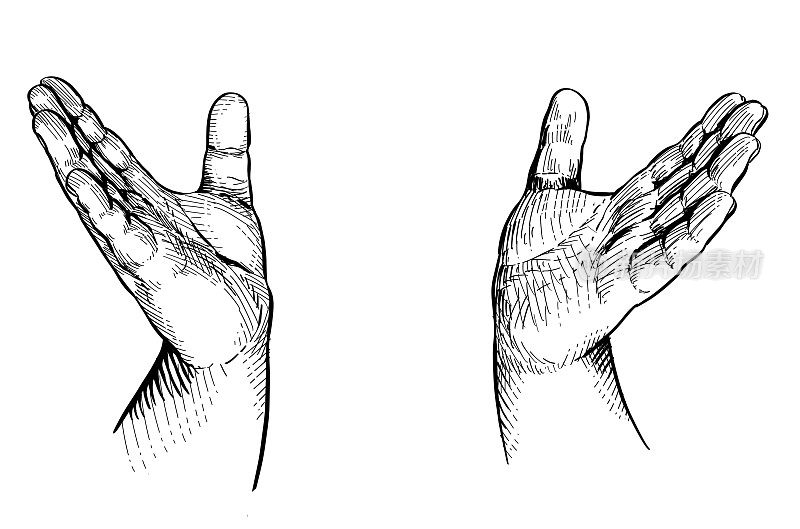 两只张开的手，分开。手语，非语言交流。黑白矢量插图在白色背景
