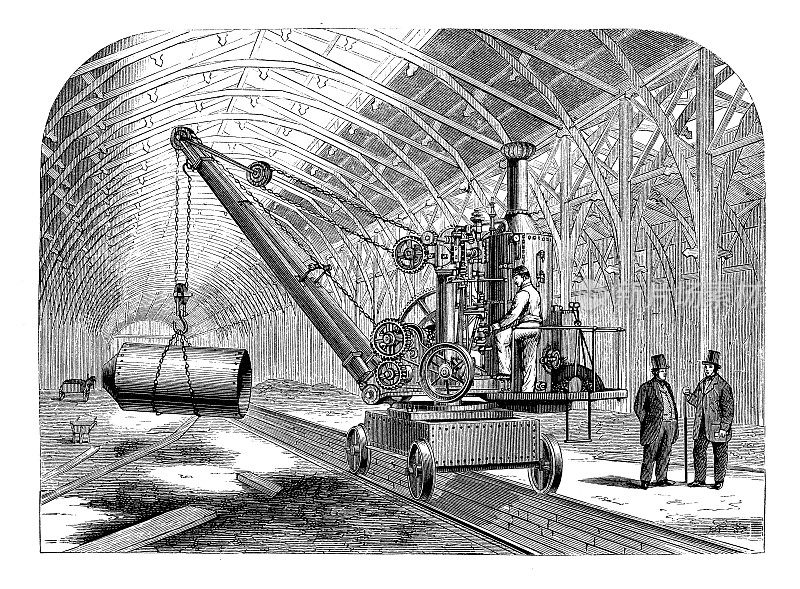 古董插图,应用力学和机器:起重机,升降机和提升机