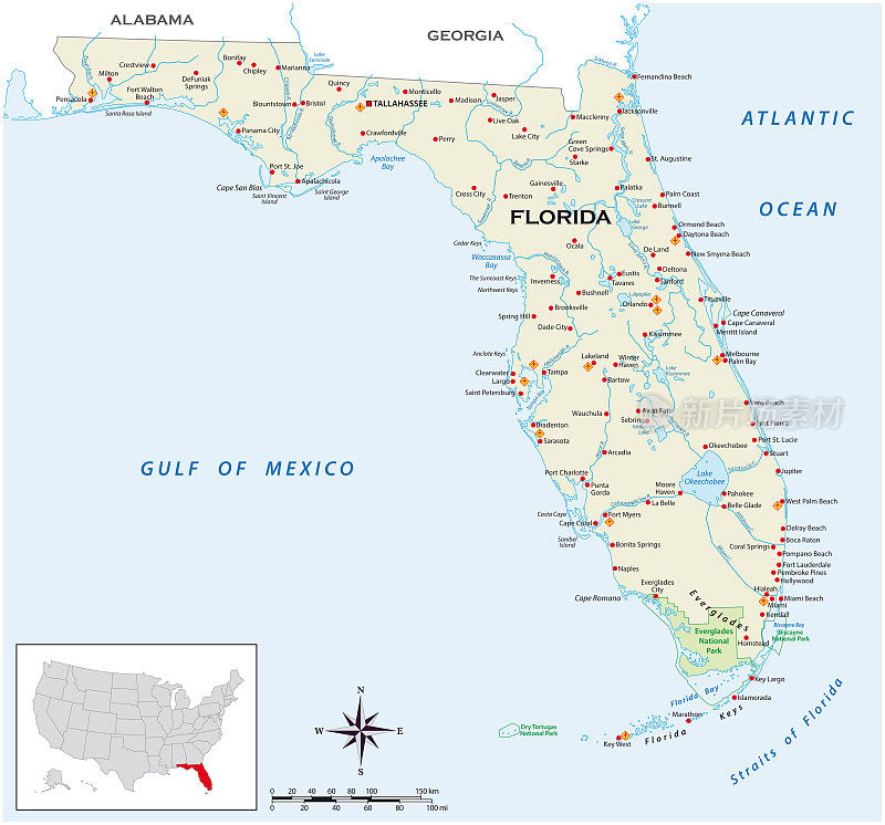 美国佛罗里达州的非常详细的物理地图