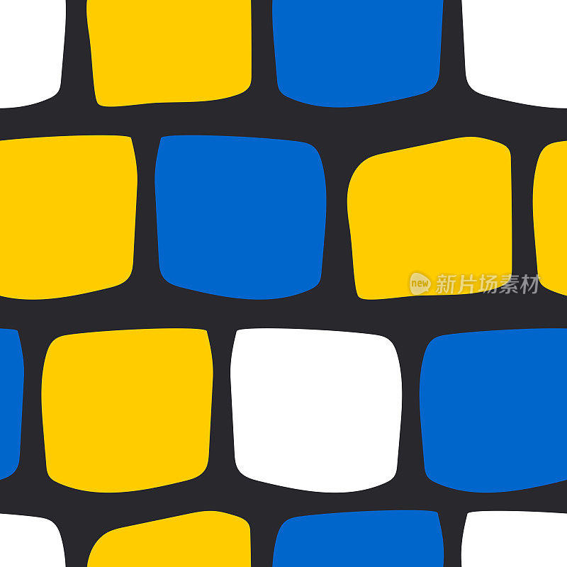 黑色背景上的黄色、蓝色和白色方块。无缝的时尚图案与几何形状。向量。