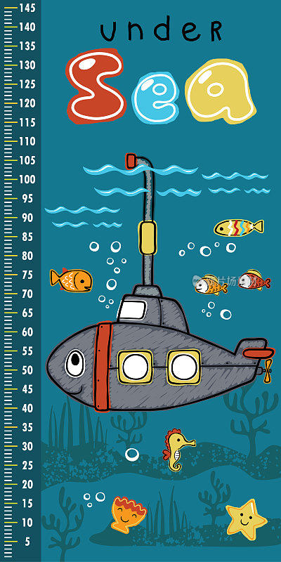 高度测量墙手绘微笑潜艇卡通与海洋动物