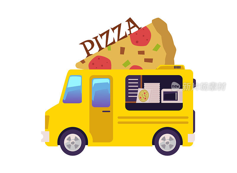披萨餐车或货车为街头小吃，平坦矢量插图孤立。