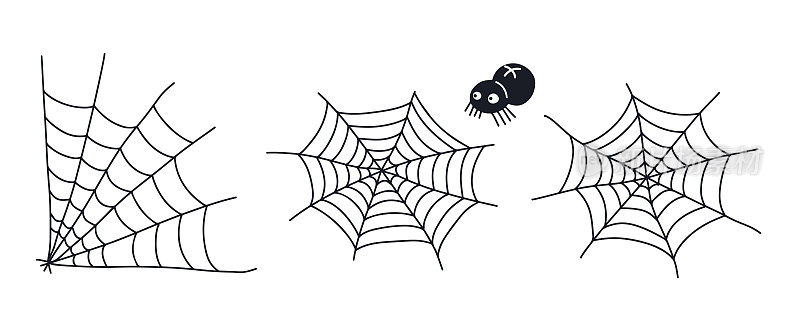 蜘蛛网，蜘蛛恐怖屋，令人毛骨悚然的万圣节装饰概念。蜘蛛网矢量涂鸦草图。蜘蛛网，孤立的白色背景为万圣节，令人毛骨悚然，可怕，恐怖。