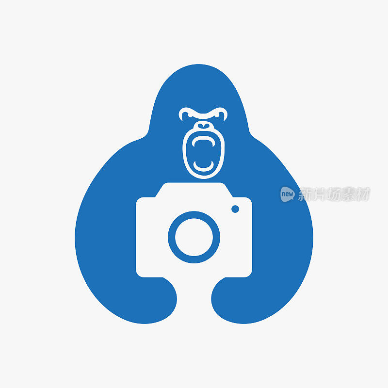 大猩猩相机Logo负空间概念矢量模板。大猩猩手持相机符号